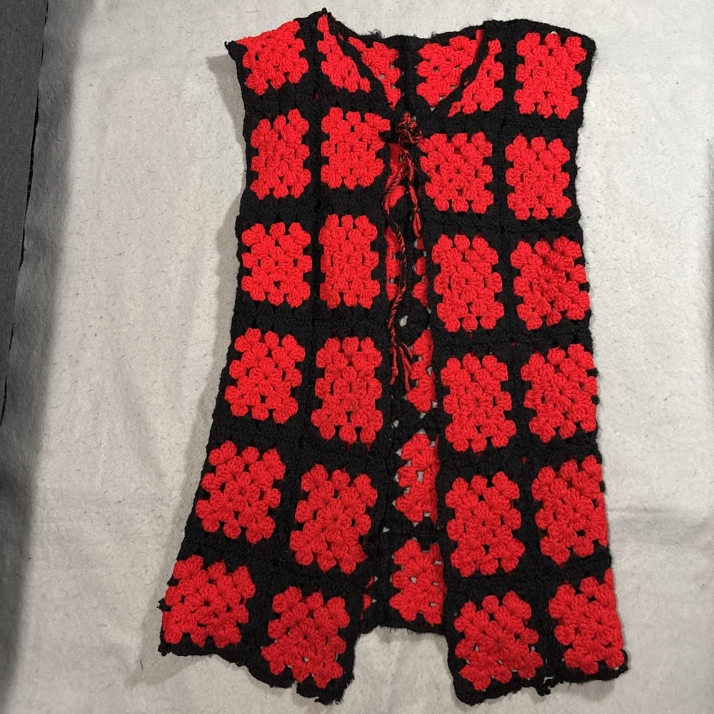 Granny Square Crochet Duster Cardigan One Sz Red Black‎ Long Open Hippie